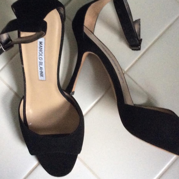 MANOLO BLAHNIK Black Suede Open Toe Ankle Strap Heels - Picture 1 of 5